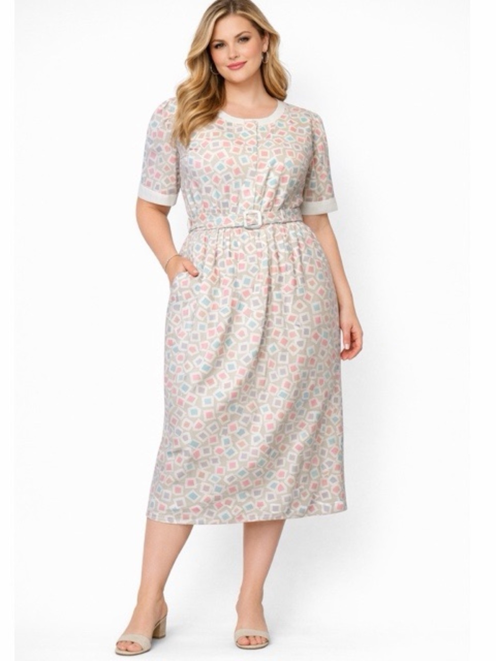 Ellen Hart Vintage Geometric Patterned Belted Dress